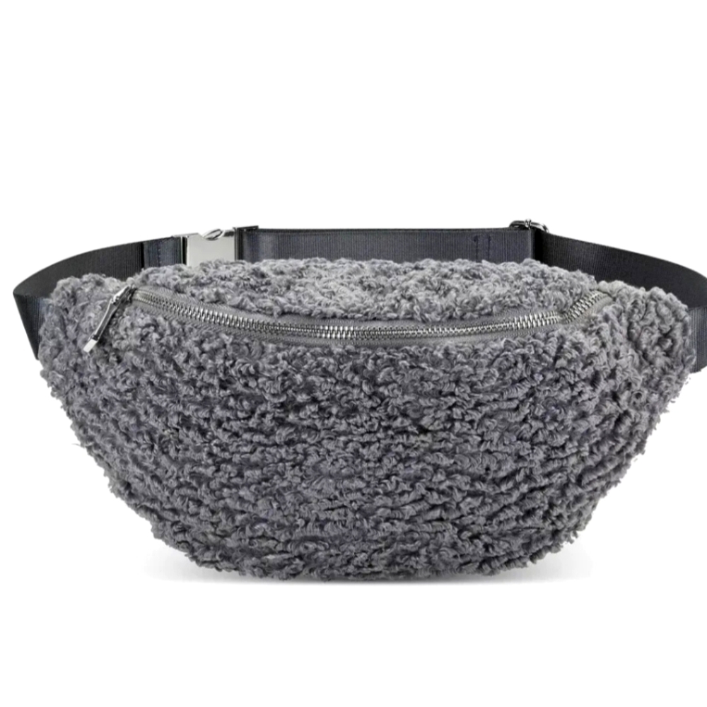 INC Kayliee Belt-Bag Crossbody Grey Faux-Sherpa & Vegan Leather Fanny Pack Zip